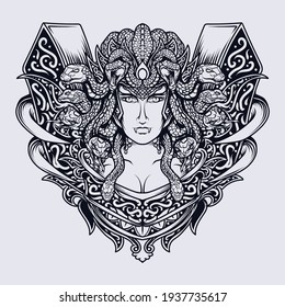 diseño de tatuajes y camisetas ilustración dibujada a mano en blanco y negro medusa adorno de grabado