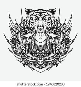 tattoo and t-shirt design black and white hand drawn tiger man engraving ornament