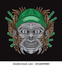 tattoo and t-shirt design black and white hand drawn illustration tiki totem engraving style	