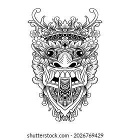 tattoo and t-shirt design black and white hand drawn rangda barong bali premium vector	