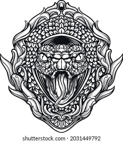 tattoo t-shirt design black white hand drawn illustration snake head engraving ornament
