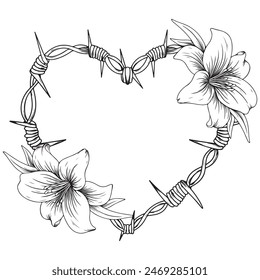 tattoo and t-shirt design black and white hand drawn engraving ornament barbed wire with flower  frame vector	