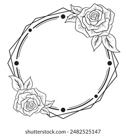 tattoo and t-shirt design black and white hand drawn frame circle with flower engraving ornament	
