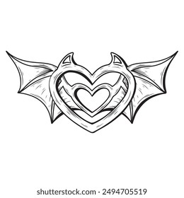 diseño de tatuaje y camiseta en blanco y negro dibujado a mano amor con alas de murciélago Vector