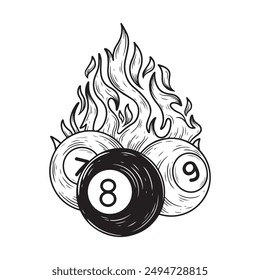 tattoo and t-shirt design black and white hand drawn billiard ball on fire premium vector