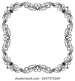 tattoo and t-shirt design black and white hand drawn rectangle twigs and leaves frame	