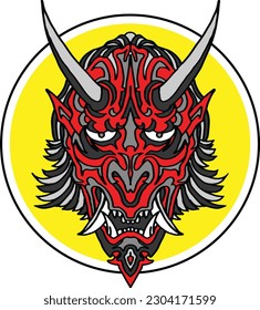 tattoo and t-shirt design colored hand drawn oni mask illustration vector