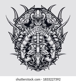 tattoo and t-shirt design dark knight with engraving ornament premium vector