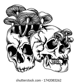 tattoo and tshirt design human skull with musrom black and white handdrawn premium vector