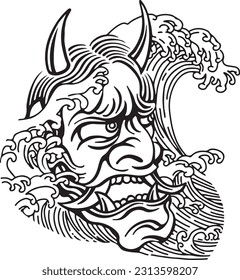 Tätowierungs- und T-Shirt-Designlinie, handgezeichnet, oni oder hannya maske japanisch, Vektorgrafik