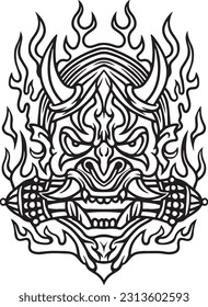 tattoo and t-shirt design lineart hand drawn oni or hannya mask japanese illustration vector