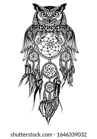 tattoo and tshirt design owl and dream catcher premium vector