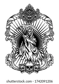 tattoo and tshirt design reaper in frame ornament black and white handdrawn premium vector