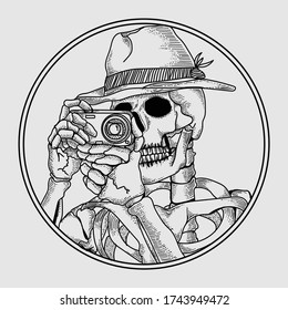tattoo and tshirt design skeleton tourism with camera in circle border premium vector
