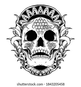 tattoo and t-shirt design skull with bee hive  engraving ornament premium vector