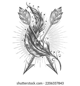 Tatuaje de dos flechas indias y pluma de aves aisladas en blanco. Ilustración vectorial.