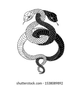 Tattoo two snakes. Traditional black dot style ink. Isolated vector illustration. Traditional Tattoo Old School Tattooing Style Ink. Snake silhouette illustration. Black serpent.