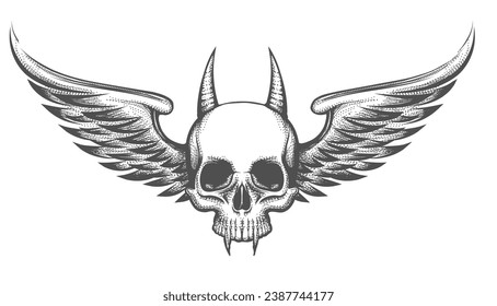 Tattoo of Vampire Demon Skull with Wings isolated on white. Vector illustration.