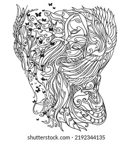 The tattoo vector of beautiful line art about butterfly and girl