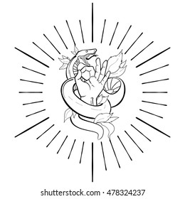 tattoo vector contour illustration with hand and a snake. The hand shows ok.