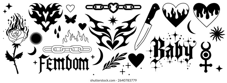 Tattoo vector elements set in 1990s - 2000s style. Rose, butterfly, gothic inscriptions, fire flame, knife, chain, heart and other elements in trendy hand drawn style and black and white colors.