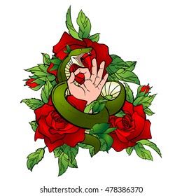 tattoo vector illustration with hand and a snake. The hand shows ok.