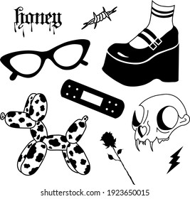 Tattoo vector set in black color with shoes, sunglasses, dog, skull and medicene tape 