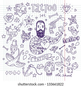 Tattoo vector set. Cartoon tattoo elements in funny style: anchor, dagger, skull, flower, star, heart, dices, bone, diamond, scull, pistol and cool bearded man. Doodle in exercise book style