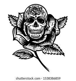 Tattoo vintage design element. Vector Black and White Tattoo Skull Roses Illustration isolated on white background.