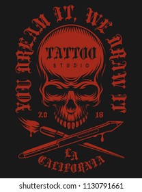 Tattoo vintage emblem with skull in red color. Vector illustration