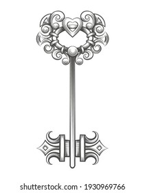 Tattoo of Vintage key drawn in engraving Style isolated on white. Vector illustration.