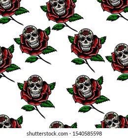 Tattoo vintage seamless pattern. Vector colorful Tattoo Skull Roses Illustration on white background.