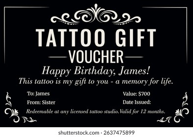 Tattoo voucher template. Tattoo gift ticket Ticket template. Birthday gift. Tattoo gift ticket