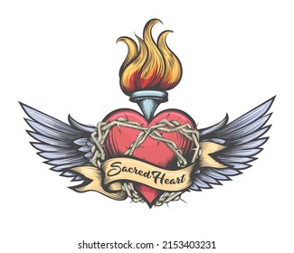 Tattoo Winged Sacred Heart Tattoo drawn in Engraving Style isolated white background  Vector illustration 