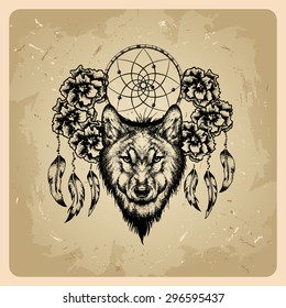 tattoo wolf with flowers and dream catcher