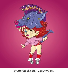 TATTOO WOLF GIRL CARTOON NEW SCHOOL 