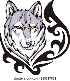 Tattoo with wolf head. Color vector illustration.