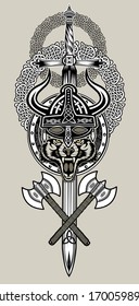 Tattoo Wolf head . Viking helmet
