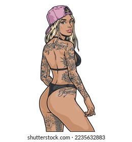 Tattoo woman blonde label colorful portrait of slender standing model in bikini and baseball cap with California tattoo vector illustration