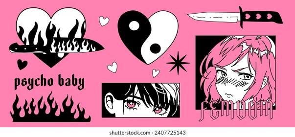 Tattoo Y2k style stickers. Anime girls, fire flames, hearts and other elements in trendy 1990s, 2000s style. Vector hand drawn print in black and white colors.