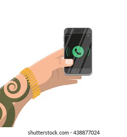 Tattooed arm holding smartphone. Eps 10 flat design concept. Isolated vector illustration on white background.