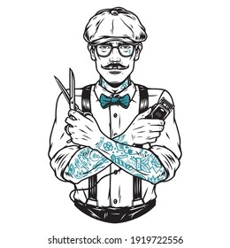 Tattooed barber in irish cap and glasses with scissors and electrical hair clipper in vintage style isolated vector illustration