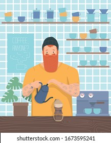 Tattooed barista hipster with red hair beard brewing filter coffee by pouring hot water onto ground coffee beans in paper filter in chemex in modern cafe, vector illustration