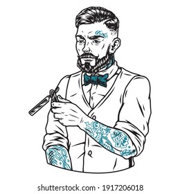 Tattooed bearded and mustached barber with straight razor in vintage monochrome style isolated vector illustration
