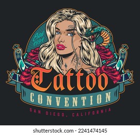 Tattooed blonde woman colorful flyer snake and roses next to belle inviting to get cool tattoo on body vector illustration