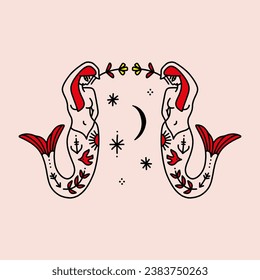 Tattooed cartoon mermaids art square vector illustration card, isolated graphics on background.