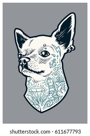 Tattooed Chihuahua dog. Vector art of dog with old school tattoos and piercing. Little brave hipster pet. 