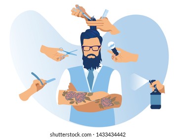 Tattooed Cool and Trendy Handsome Young Bearded Man Wearing Glasses, Jacket and White Shirt Stand with Crossed Hands in Barbershop, Hands with Haircutting Tools around Cartoon Flat Vector Illustration
