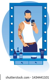 Tattooed Cool and Trendy Handsome Young Bearded Man Wearing Sleeveless T-shirt with Hand in Pockets Making Selfie in Barbershop Stand in front of Mirror with Cosmetics Cartoon Flat Vector Illustration