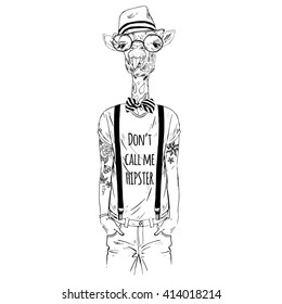 tattooed giraffe hipster in cool t-shirt , furry art illustration, fashion animals, hipster animal, dressed up animals